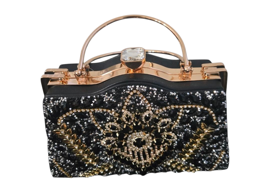 Royal Noir Jeweled Frame Clutch