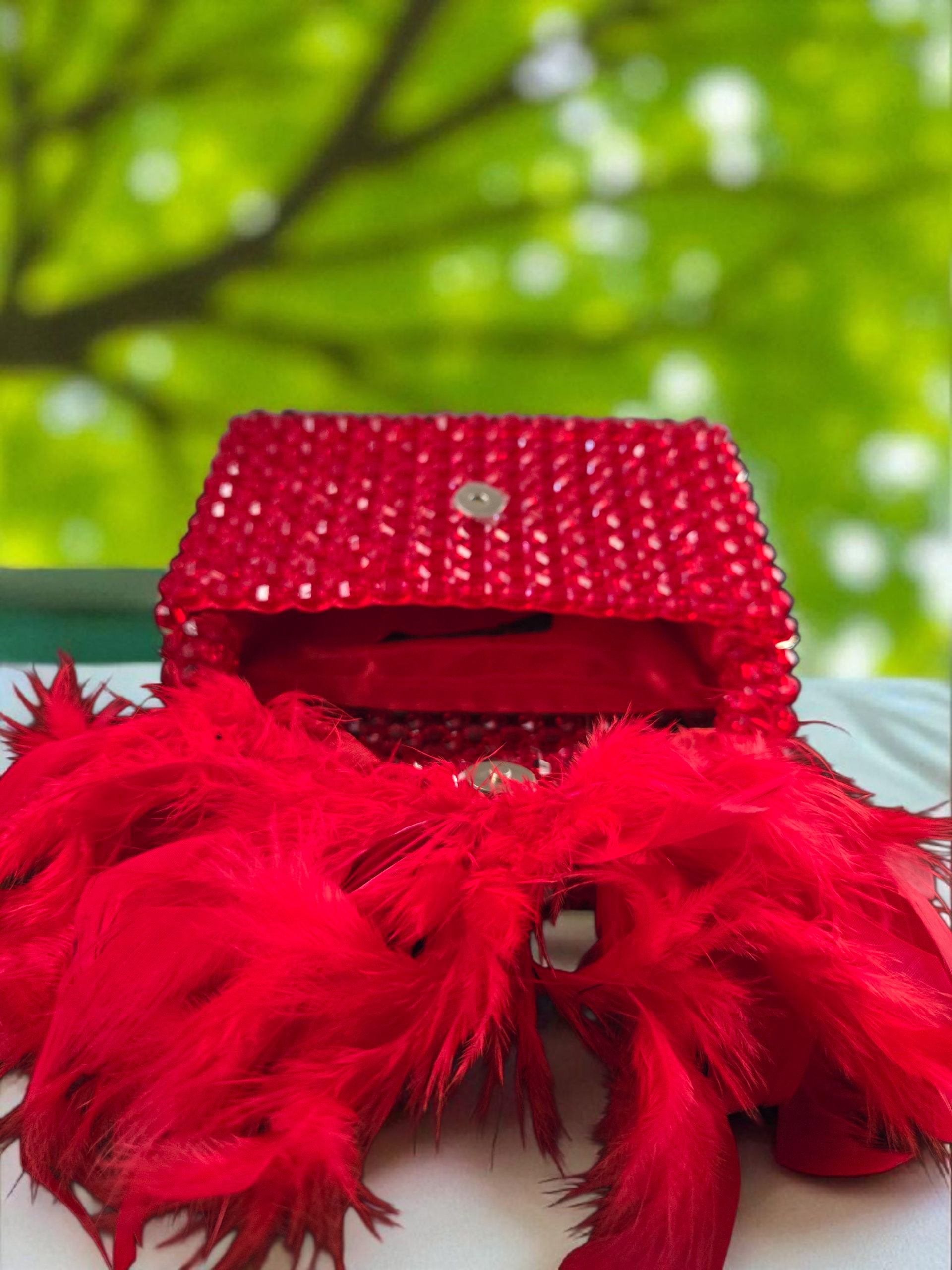 Gidi Vibes Beaded Feather Handbag – Luxury Statement Bag Red