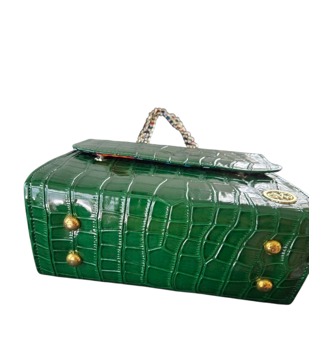 GVW Croc-Embossed Chain Shoulder Bag with Ankara Lining – Luxury Crossbody Green