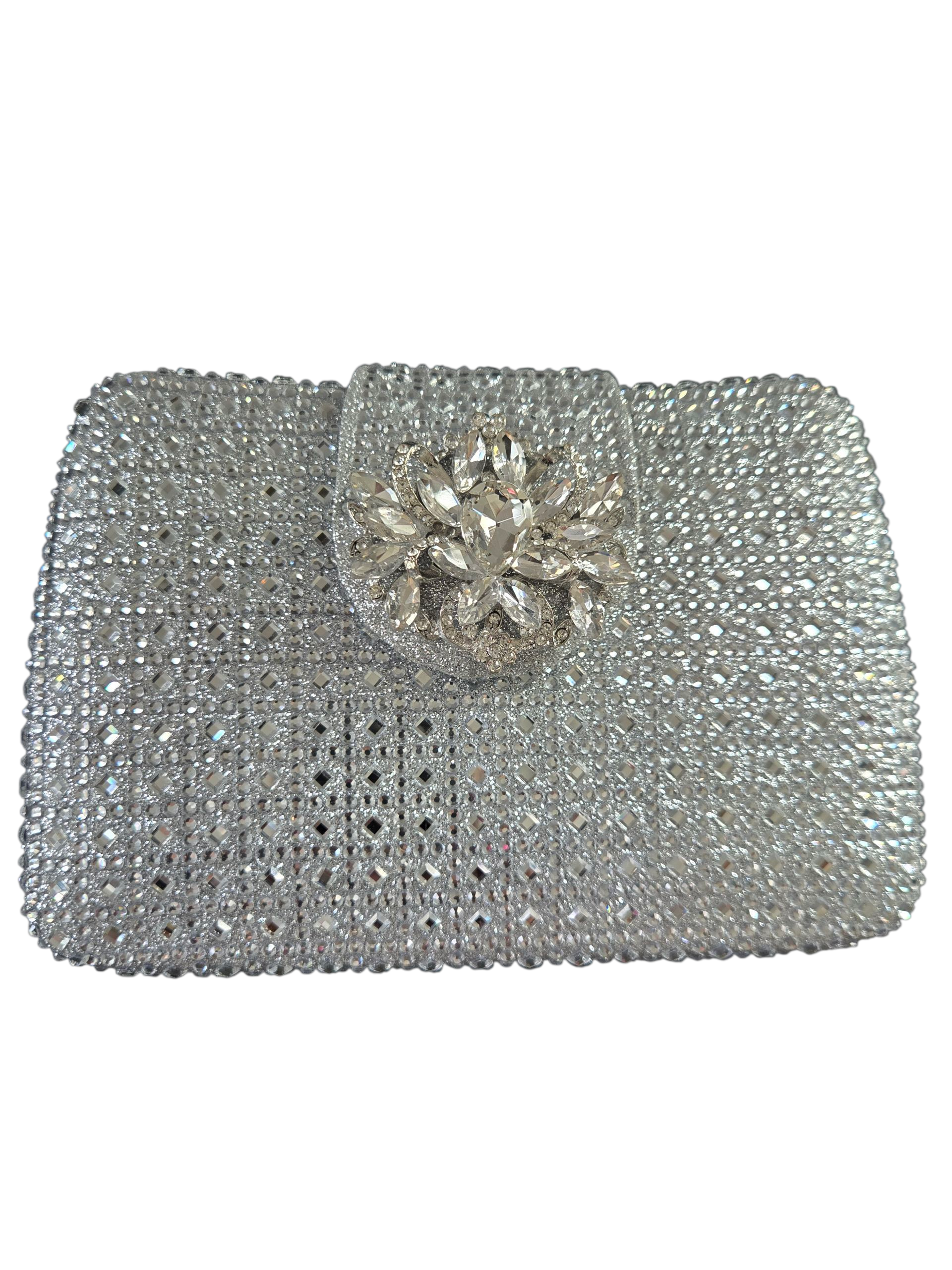 Crystal Floral Clasp Clutch – Luxury Silver Rhinestone Evening Bag