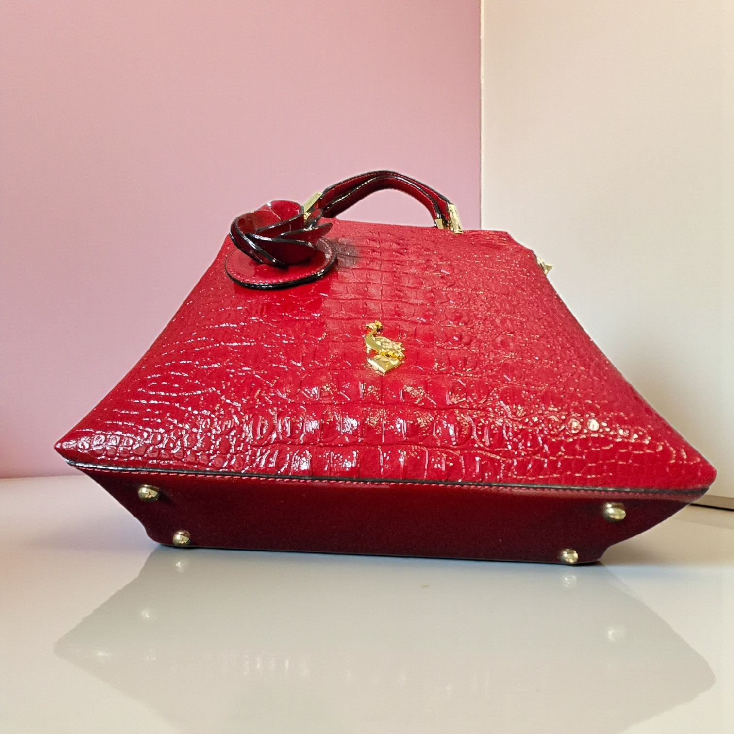 Midnight Luxe Croc-Embossed Tote with Floral Charm & Gold Hardware | House of GVHD