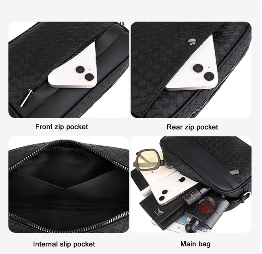 Men’s Woven Pattern Leather Crossbody Bag – Black Minimalist Design