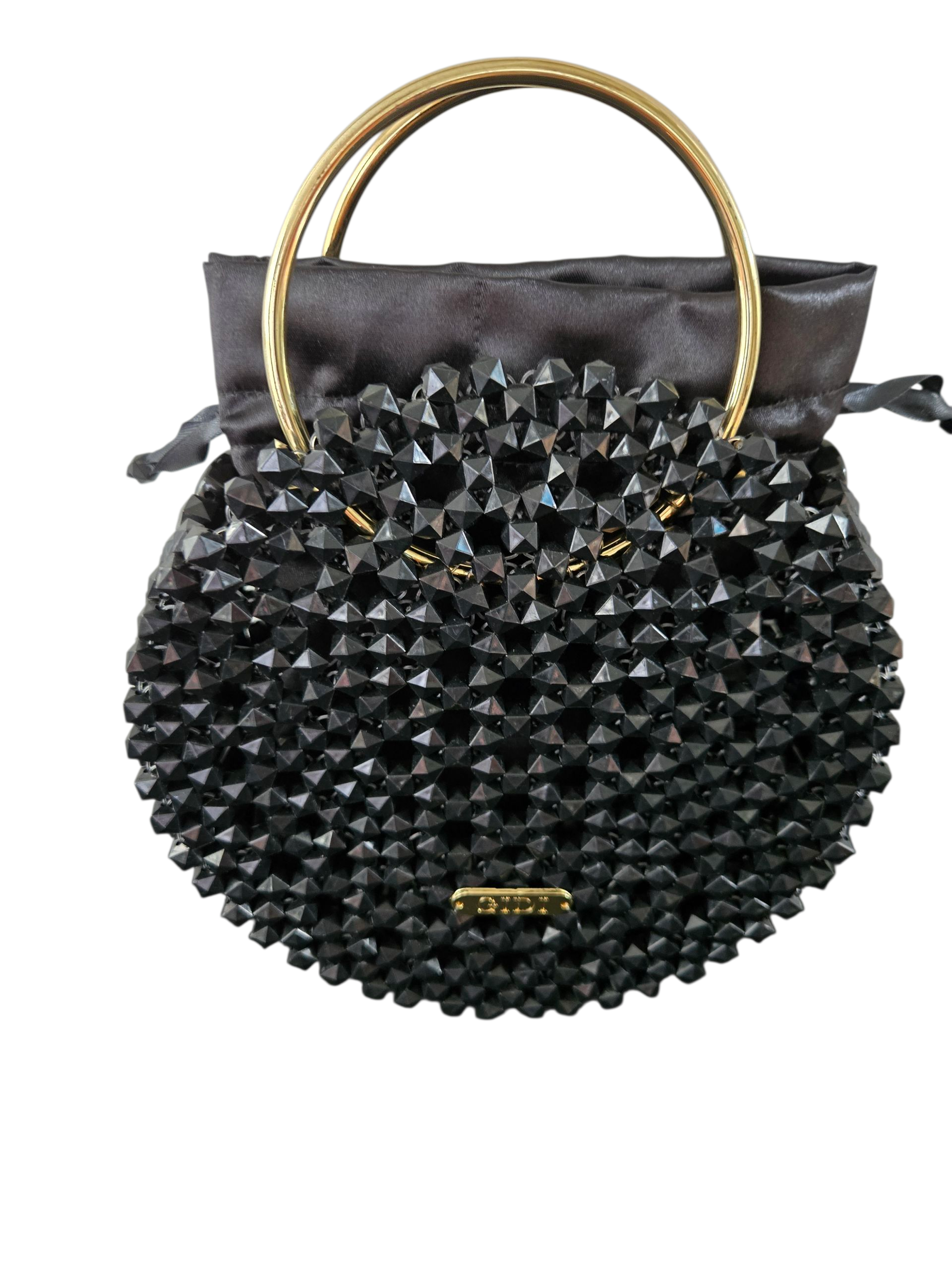 Black Beaded Round Bag with Gold Handles – Luxury Evening Handbag
