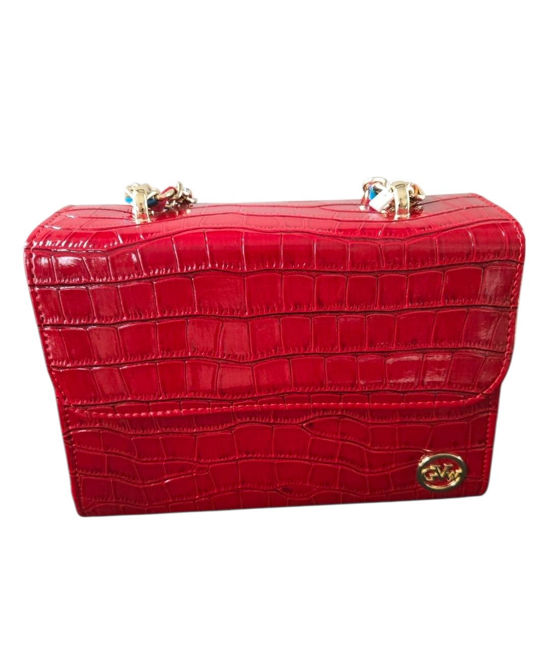 GVW Croc-Embossed Chain Shoulder Bag with Ankara Lining – Luxury Crossbody Red