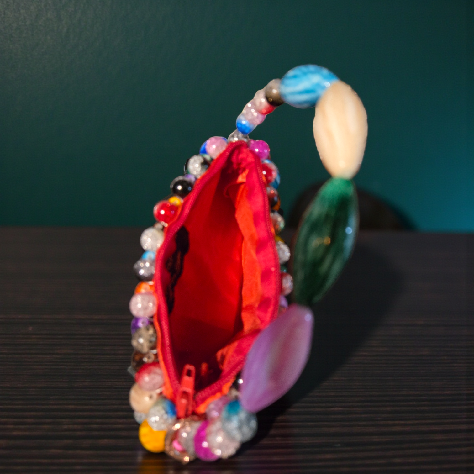 Beaded Pearl Handle Handbag- Brown, Multicolor, Ruby