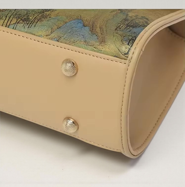 Luxury Bamboo Handle Handbag with Tassel – Artistic Landscape Print