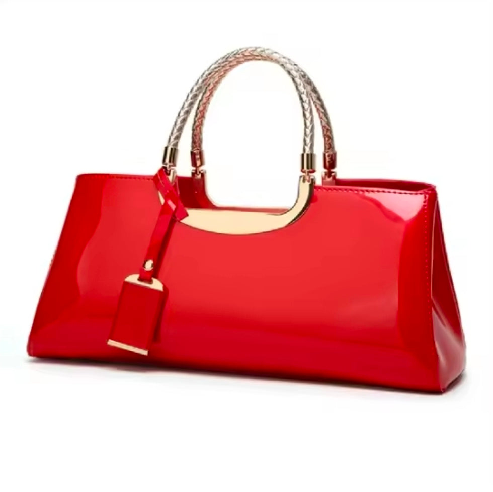 Patent Leather Handbag – Luxury Gloss Finish with Gold Handles, Red, White, Navy Blue