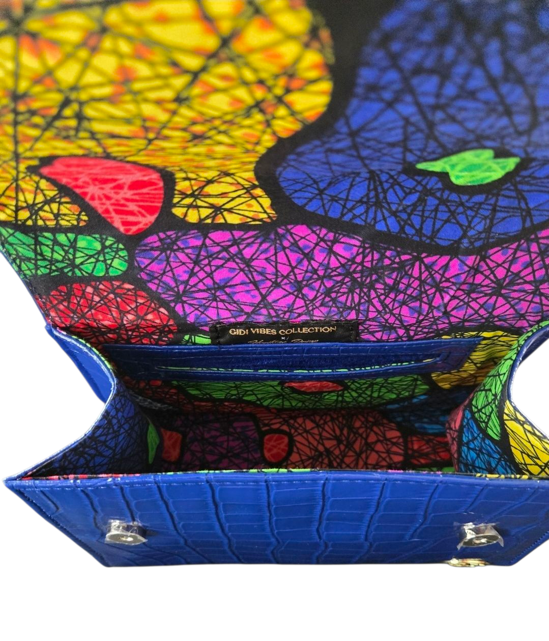 GVW Croc-Embossed Chain Shoulder Bag with Ankara Lining – Luxury Crossbody Blue