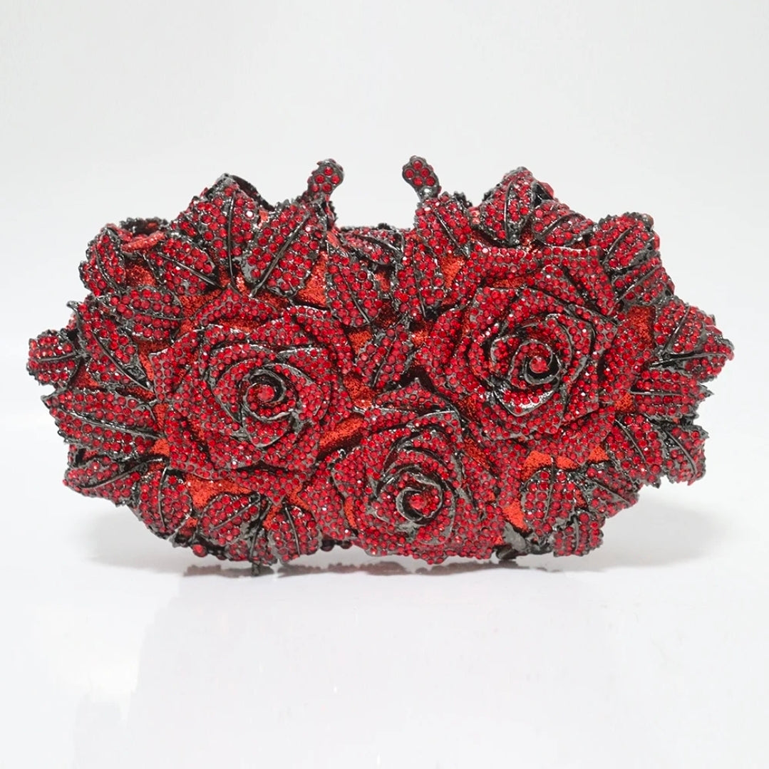 Crystal Rose Garden Clutch – Luxury Floral Evening Bag Red