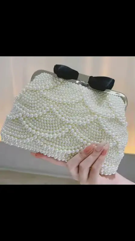 Pearl Beaded Handbag with Black Bow – Elegant Bridal Purse