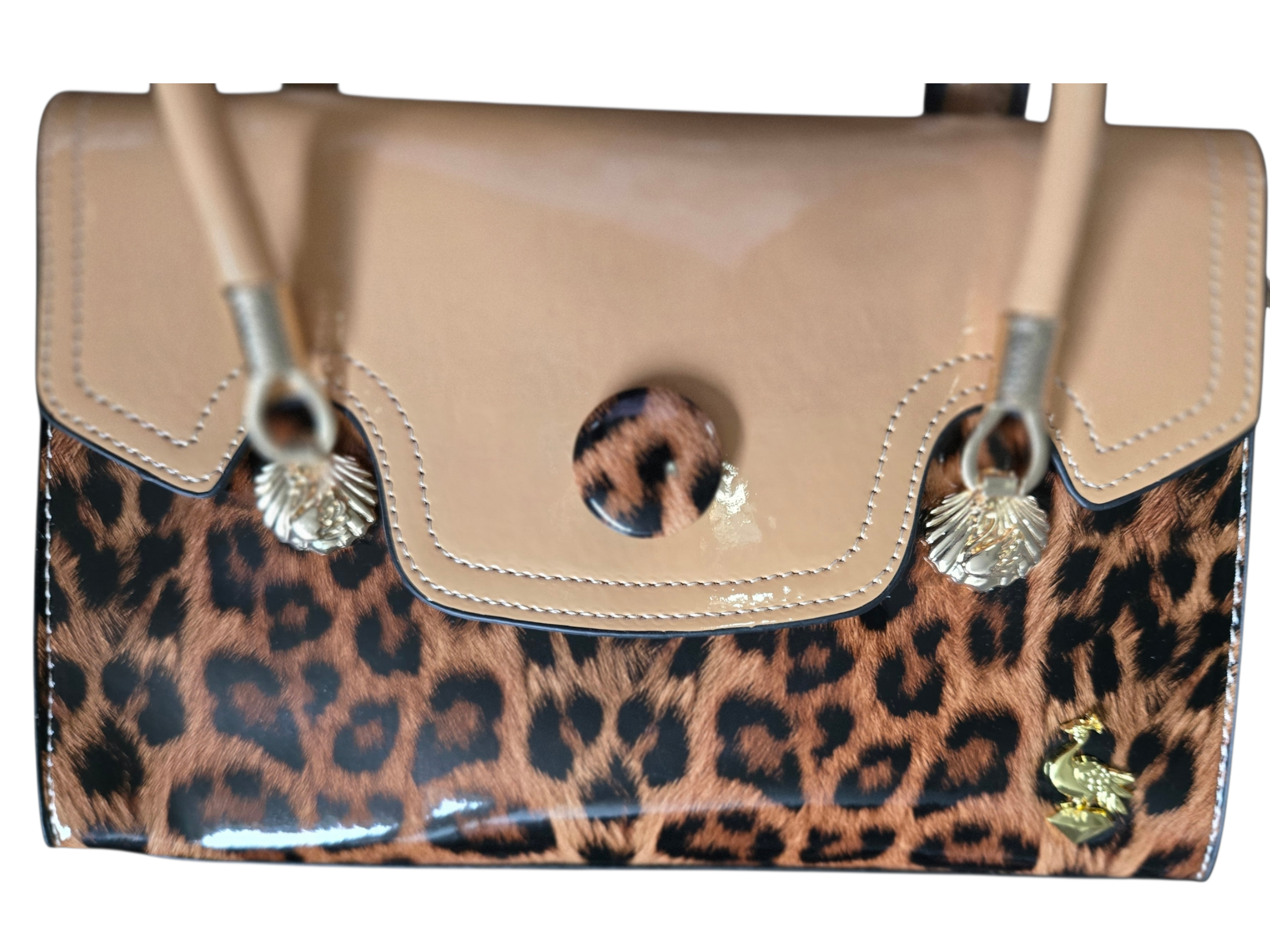Leopard & Tan Leather Handbag – Luxury Statement Bag with Gold Accents