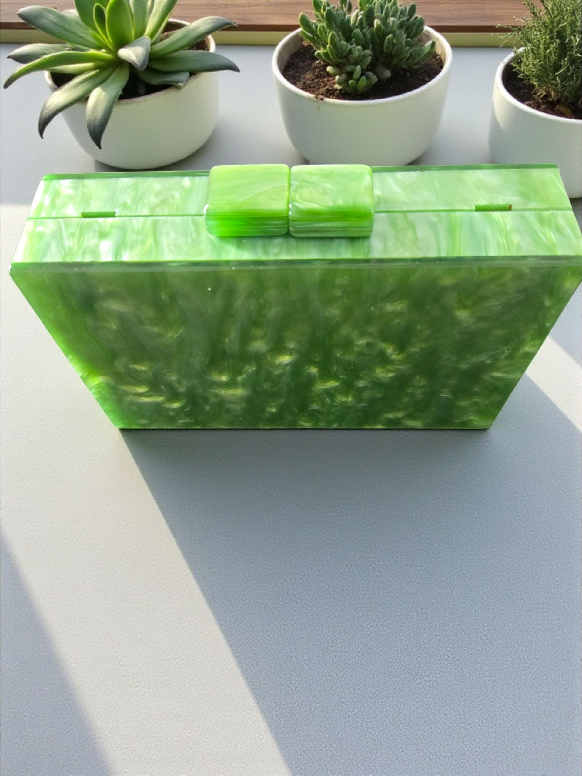 Green Marbled Acrylic Clutch with Beaded Handle & Gold Chain