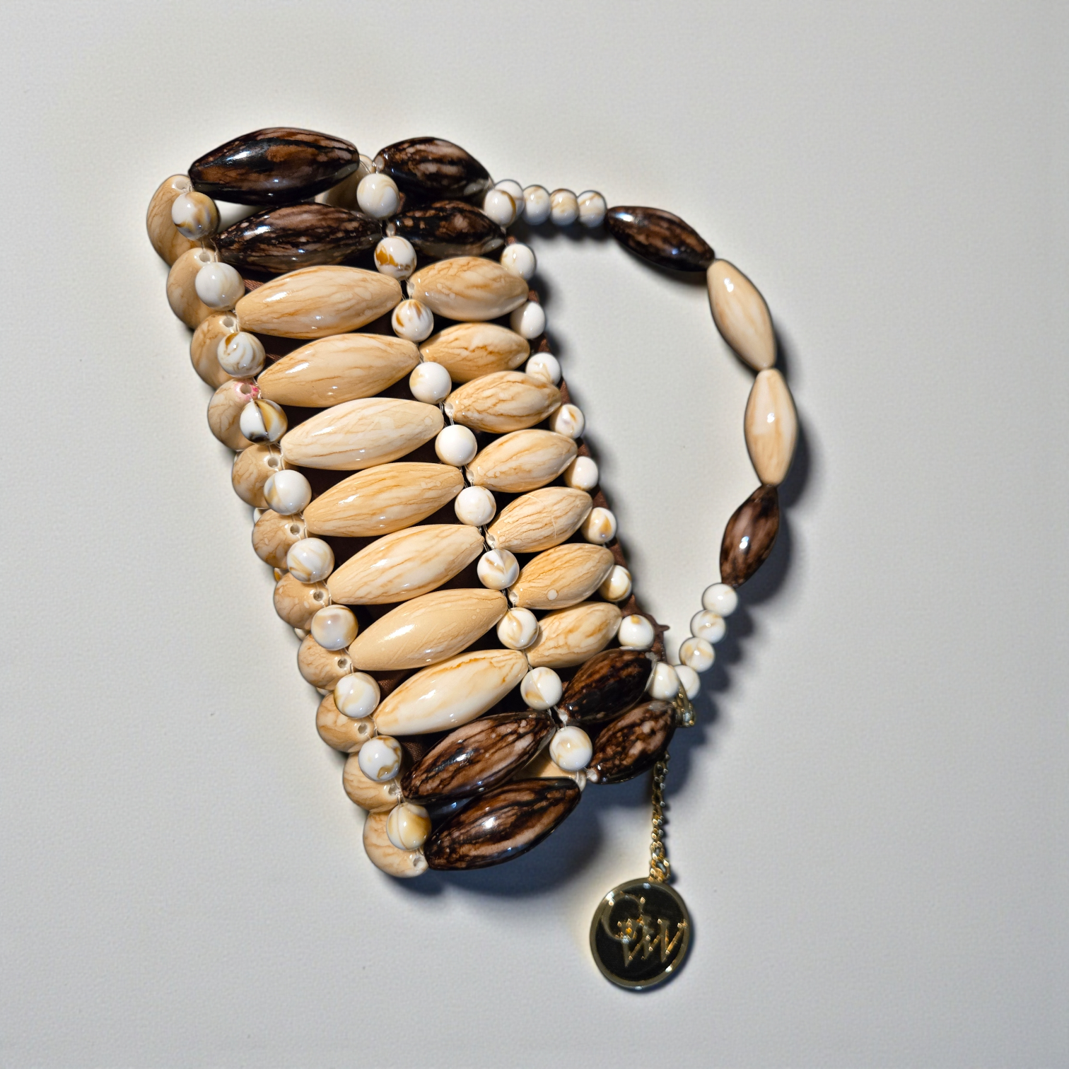 Beaded Pearl Handle Handbag- Brown, Multicolor, Ruby