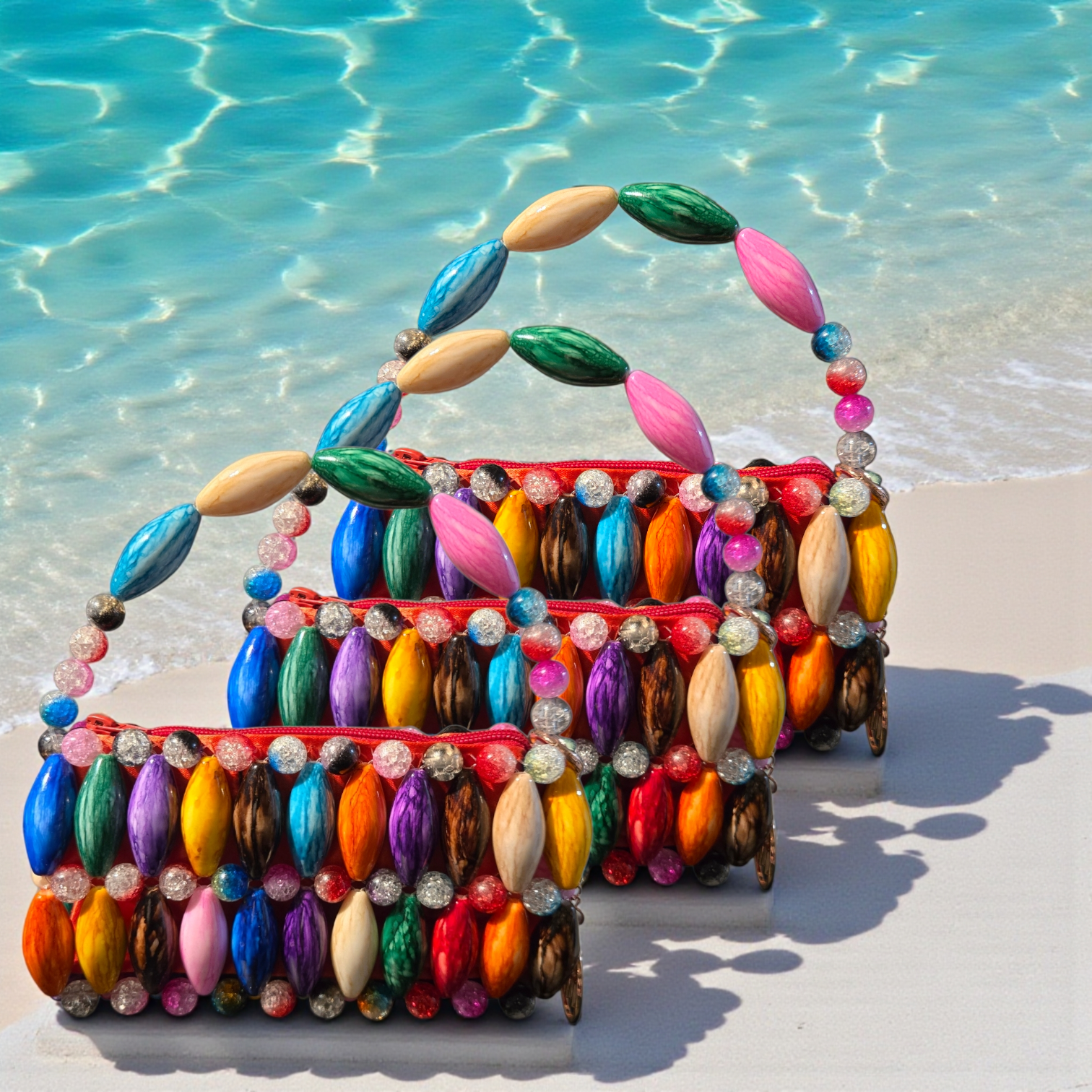 Beaded Pearl Handle Handbag- Brown, Multicolor, Ruby