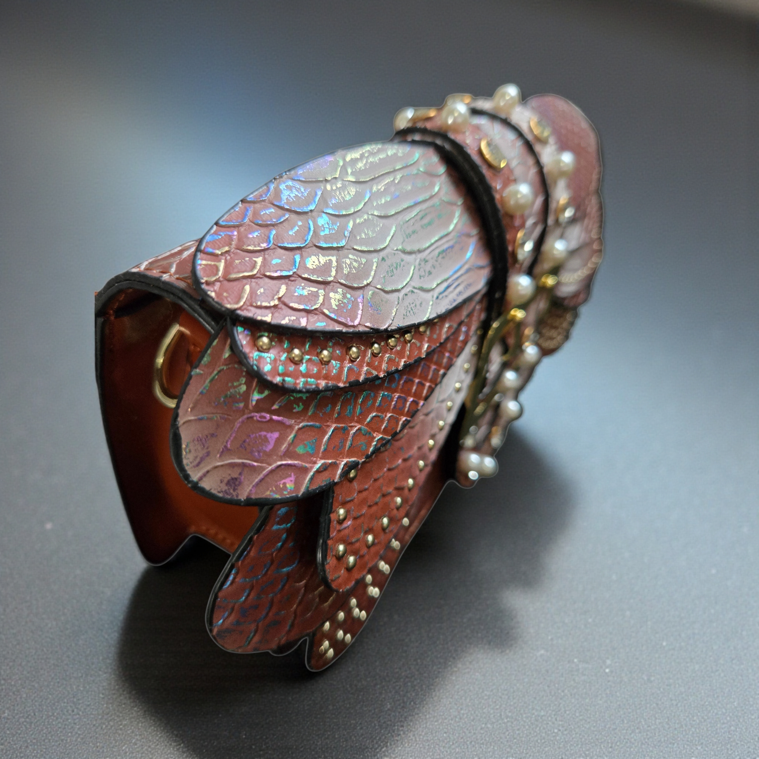 Aurora Pearl-Embellished Leather Crossbody Bag – Iridescent Statement Handbag