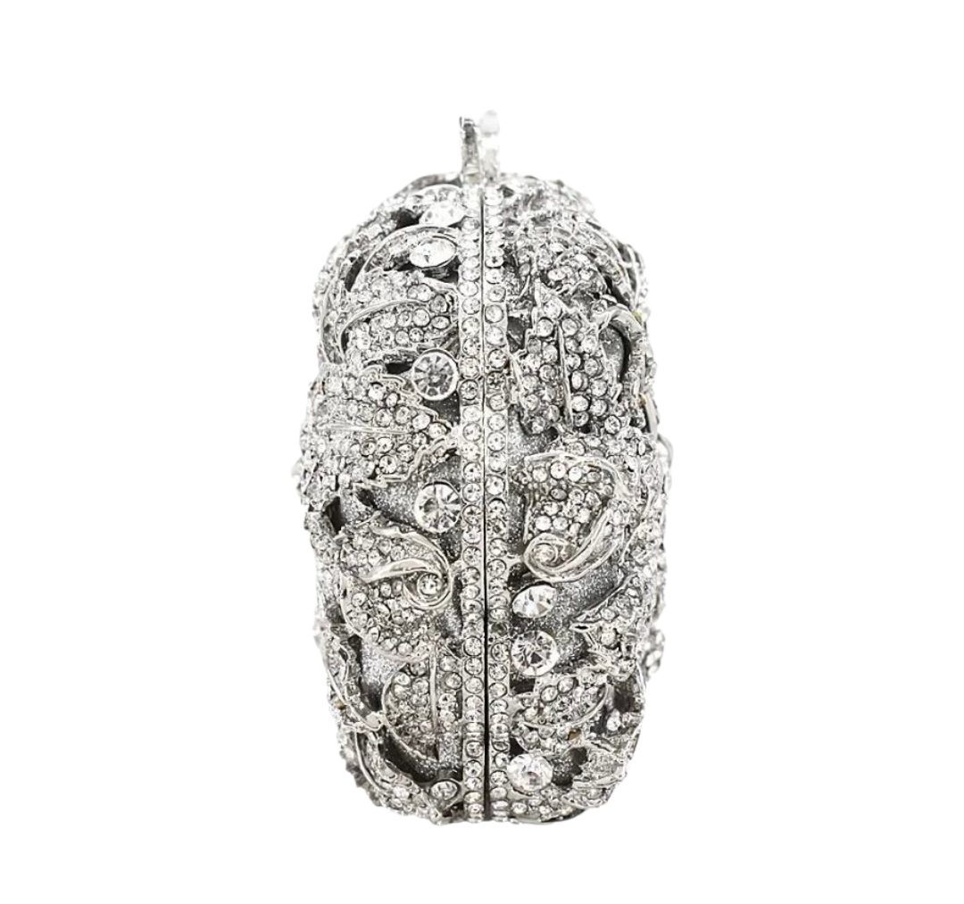 Crystal Rose Evening Clutch – Luxury Floral Rhinestone Bag Silver