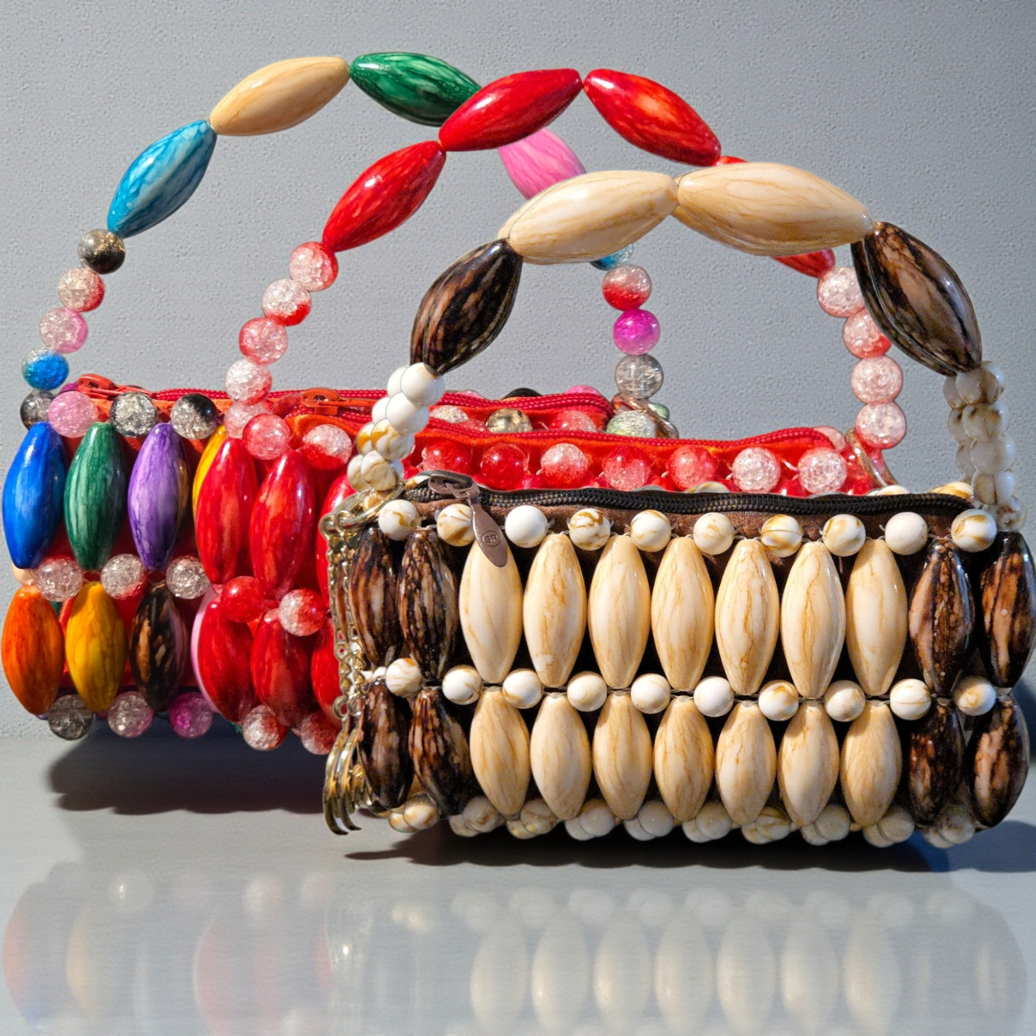 Beaded Pearl Handle Handbag- Brown, Multicolor, Ruby