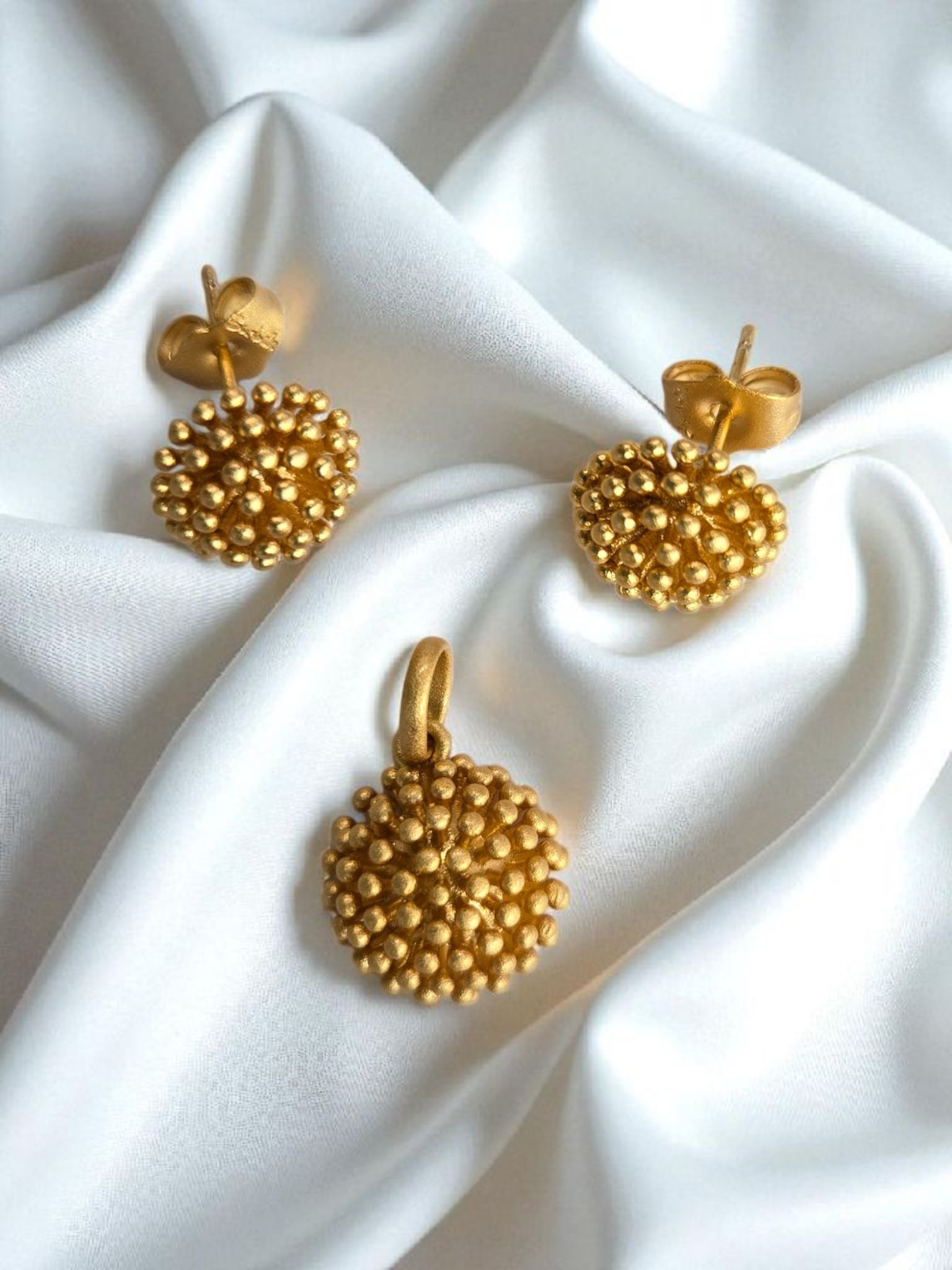 Gold Beaded Ball Jewelry Set – Earrings & Pendant