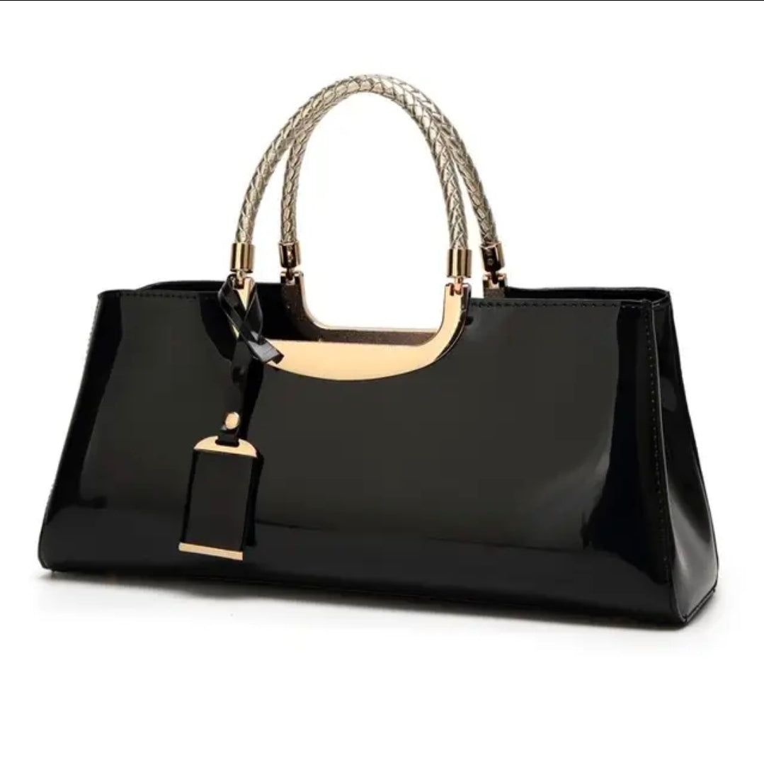 Patent Leather Handbag – Luxury Gloss Finish with Gold Handles, Red, White, Navy Blue