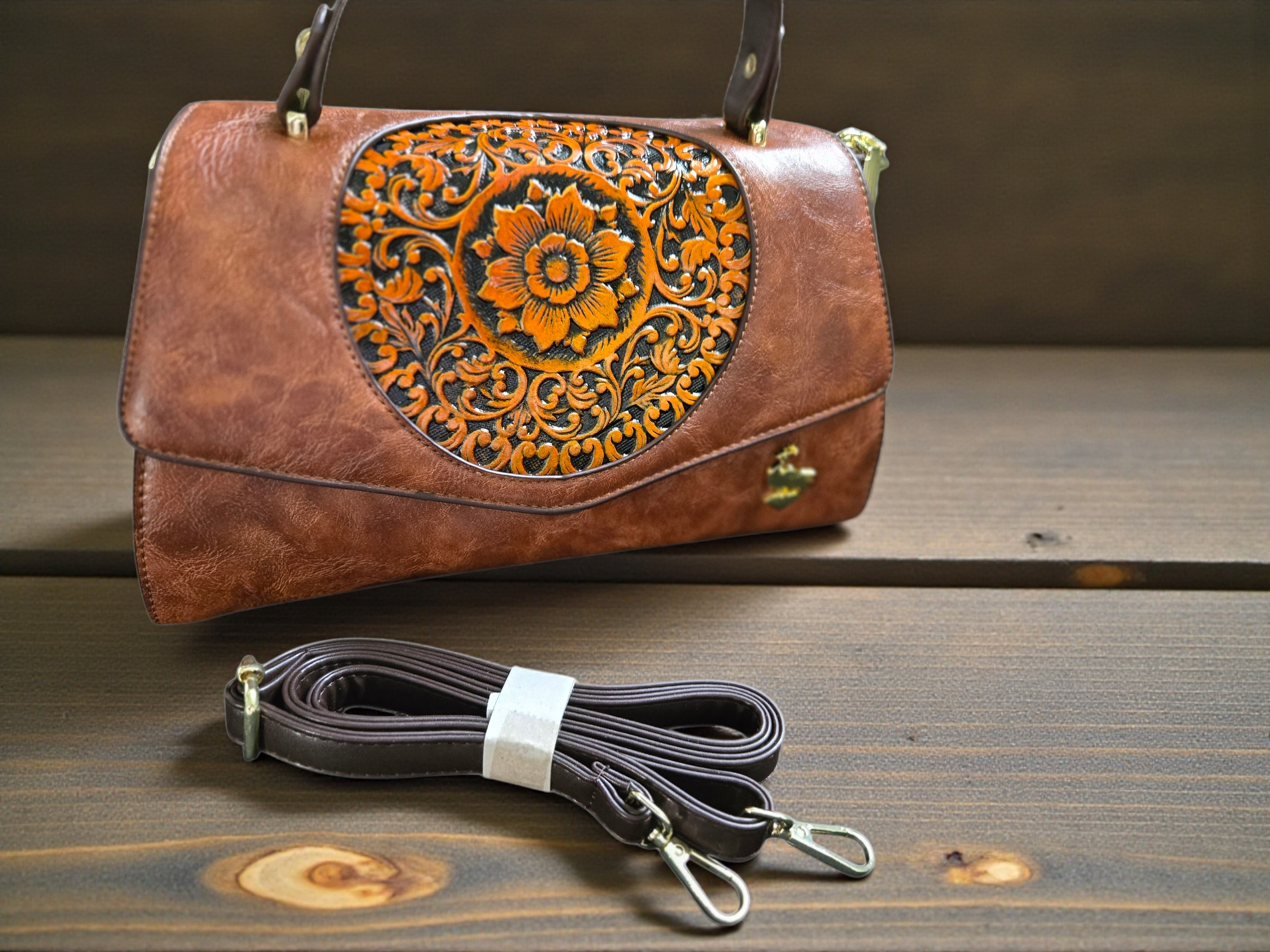 Vintage Floral Embossed Leather Handbag – Brown Top Handle & Crossbody