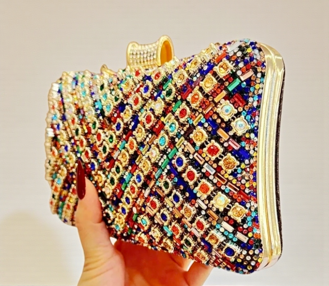 Multicolor Crystal Clutch with Gold Chain Strap – Luxury Statement Evening Bag | House of GVHD