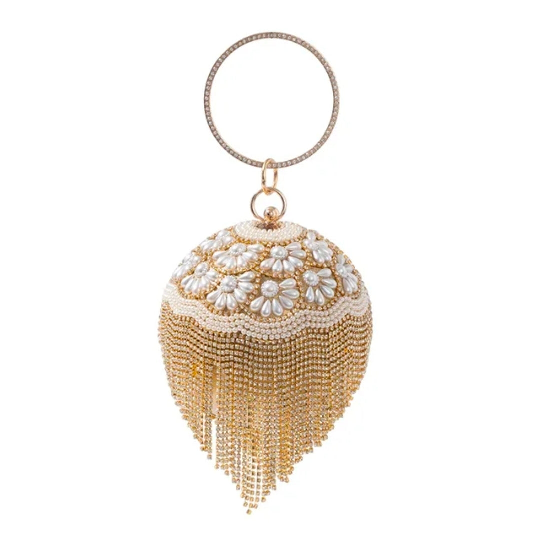 Floral Pearl & Gold Fringe Clutch – Luxury Bridal Handbag