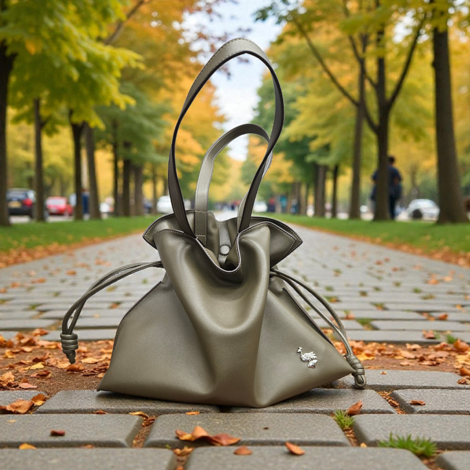 Genuine Leather Soft Tote Bag – Modern Olive Green, Cream and Tan Shoulder Bag