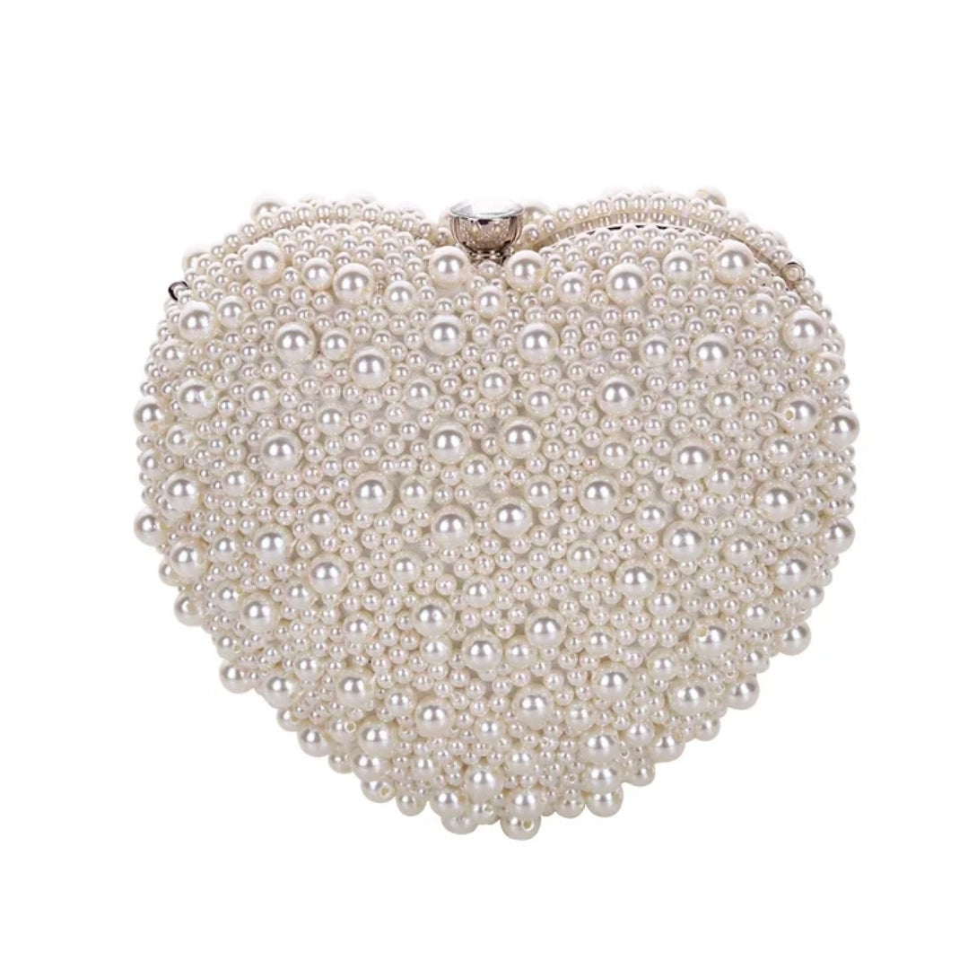 White Pearl Heart-Shaped Clutch – Elegant Bridal Handbag
