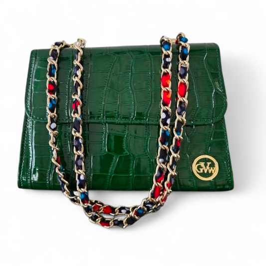 GVW Croc-Embossed Chain Shoulder Bag with Ankara Lining – Luxury Crossbody Green