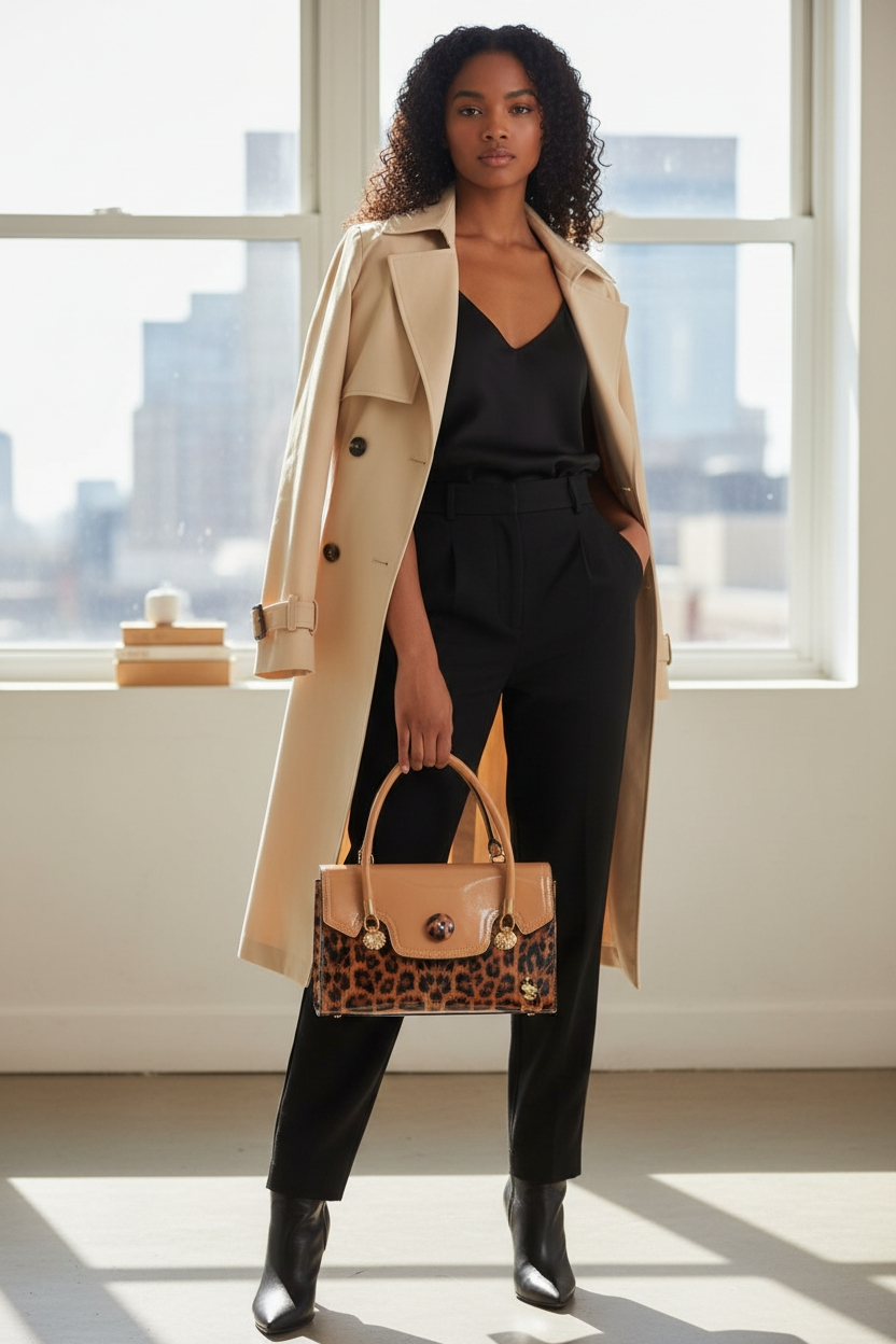 Leopard & Tan Leather Handbag – Luxury Statement Bag with Gold Accents