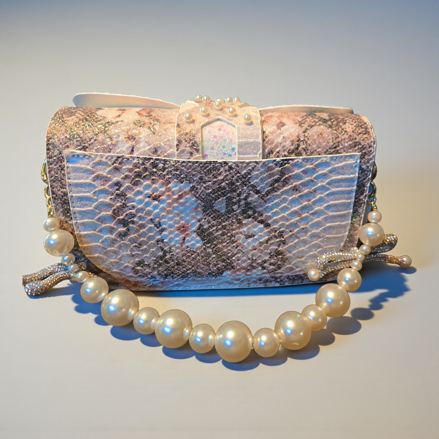 Blush Seraph Pearl Clutch – Iridescent Snakeskin Evening Bag