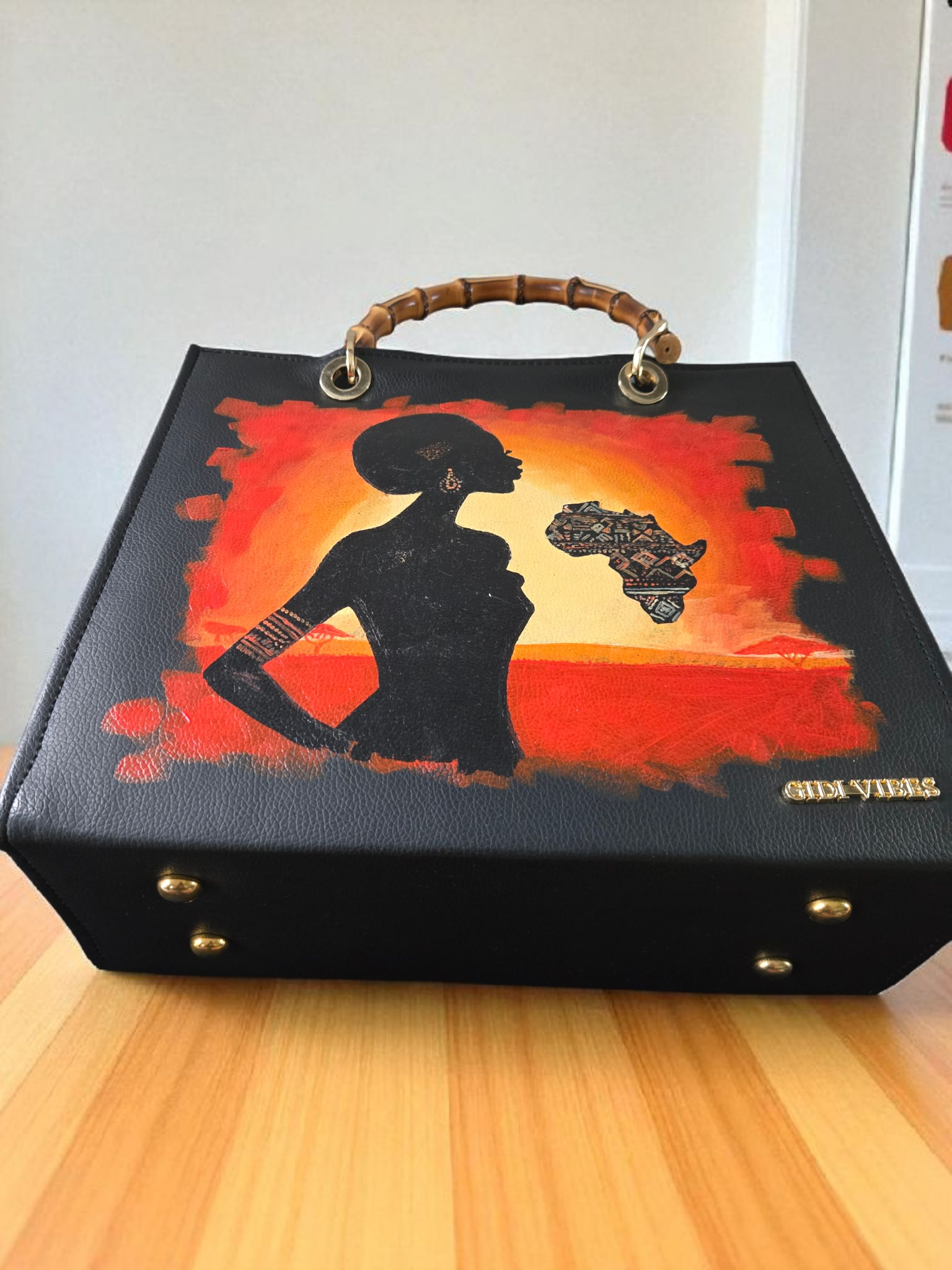 Gidi Vibes African Sunset Tote – Heritage Art Handbag with Bamboo Handles