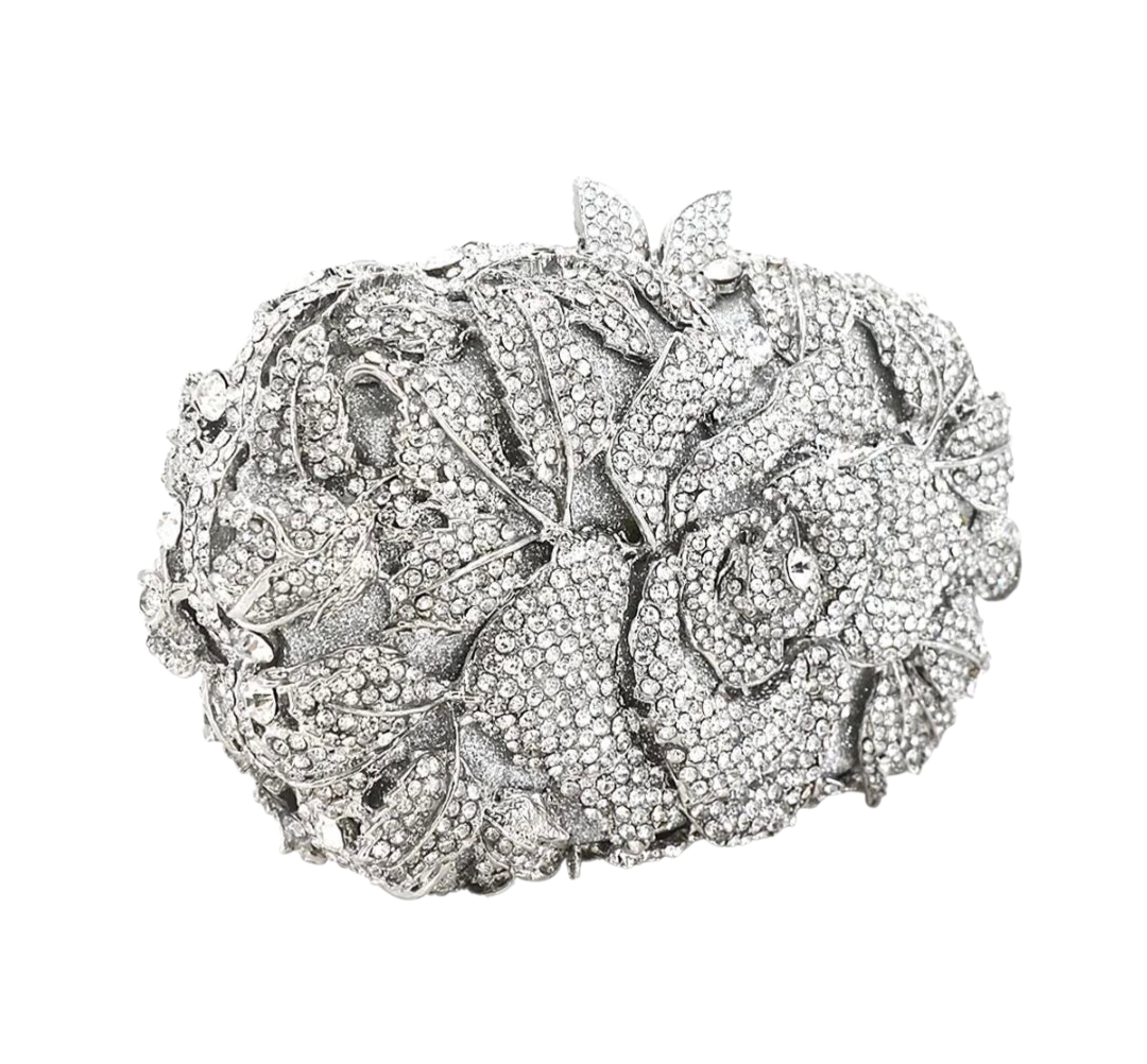 Crystal Rose Evening Clutch – Luxury Floral Rhinestone Bag Silver