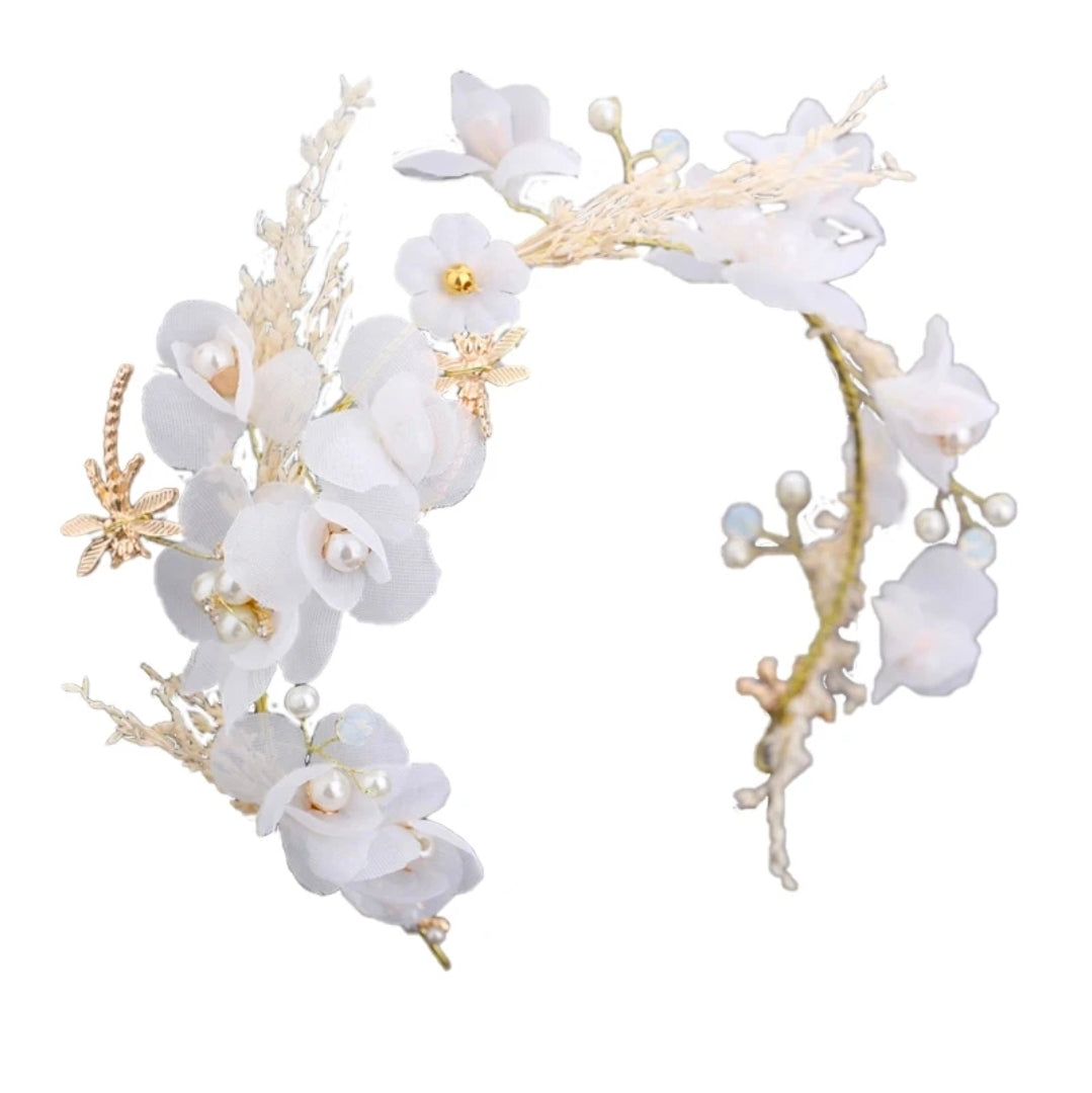 Handcrafted Floral Bridal Headpiece – Soft White Orchid & Pearl Wedding Crown