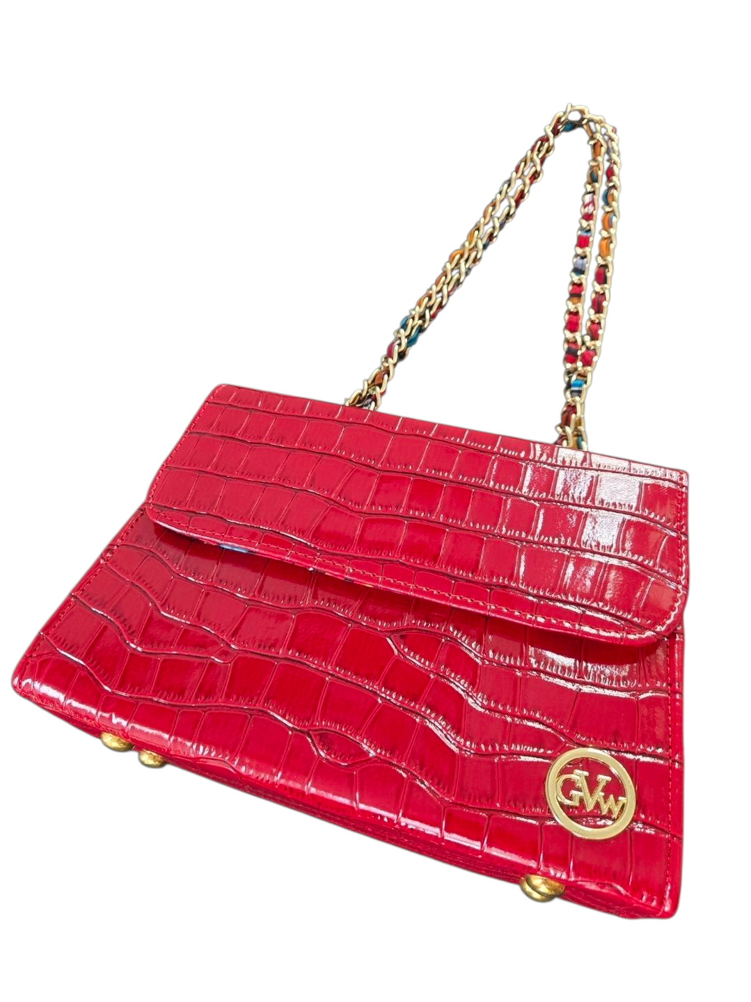 GVW Croc-Embossed Chain Shoulder Bag with Ankara Lining – Luxury Crossbody Red