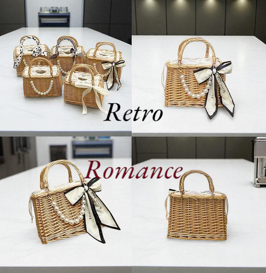 Retro Romance Pearl Wicker Bag White Print