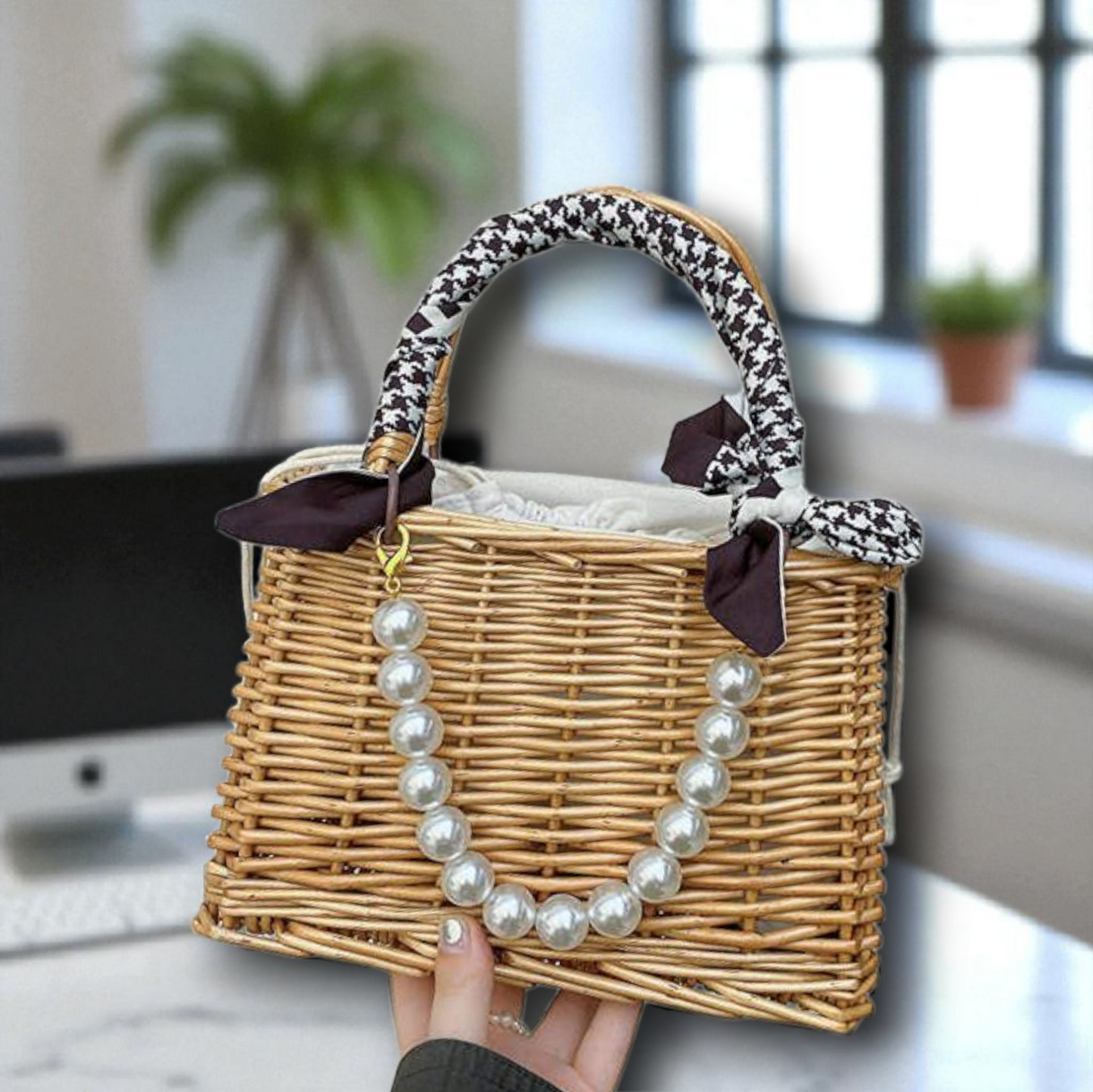 Retro Romance Pearl Wicker Bag White Print