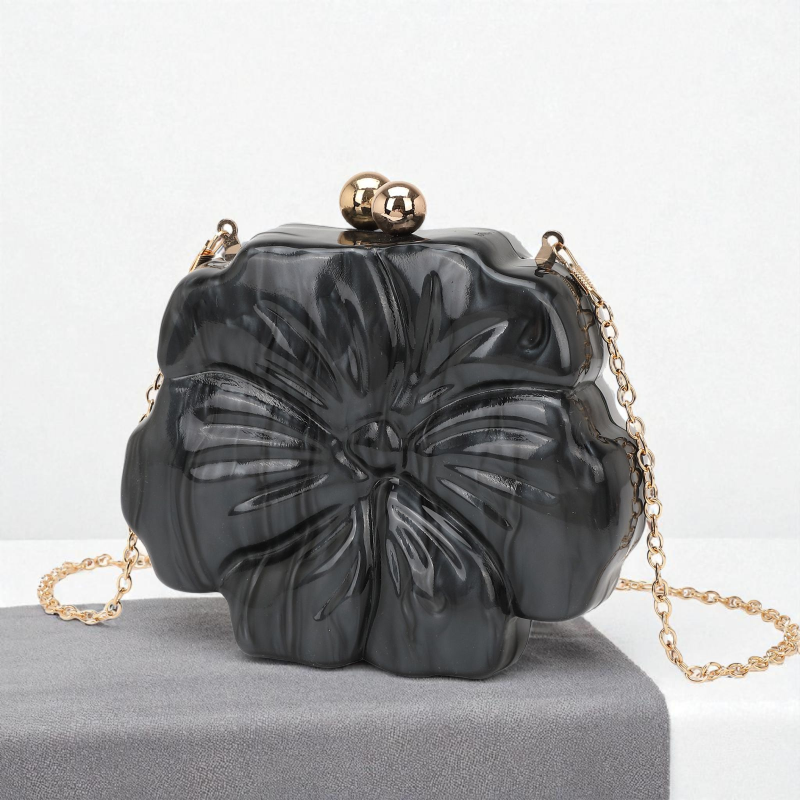 Black Flower Clutch – Sculpted Acrylic Evening Bag with Gold Kiss-Lock