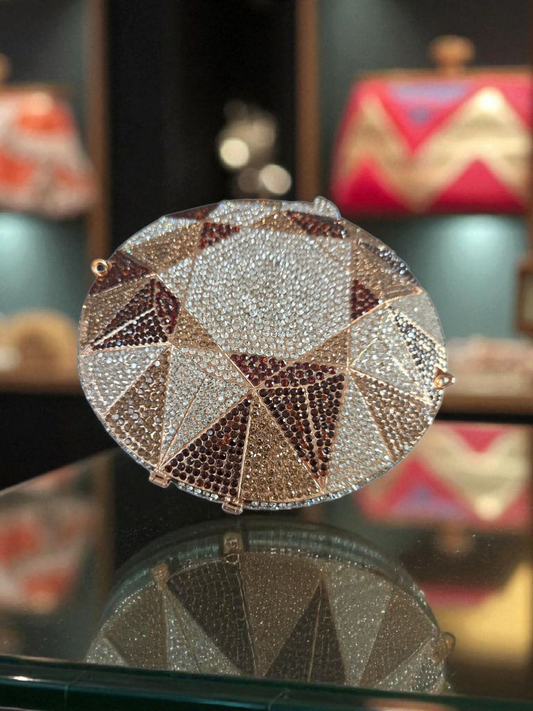 (Copy) Diamond Cut Crystal Clutch – Luxury Round Rhinestone Evening Bag (Silver/Gold, Multi)