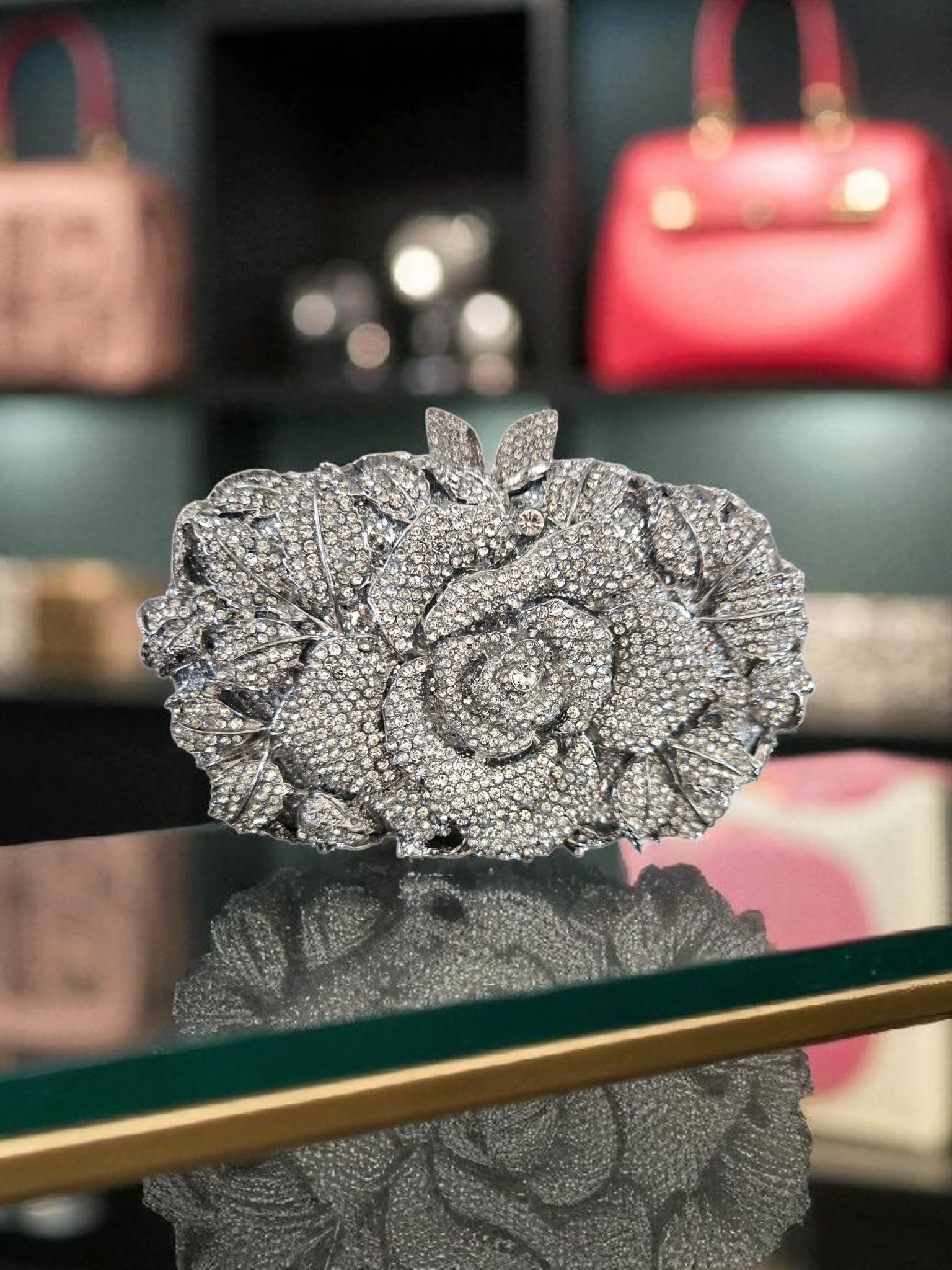 Crystal Rose Evening Clutch – Luxury Floral Rhinestone Bag Silver