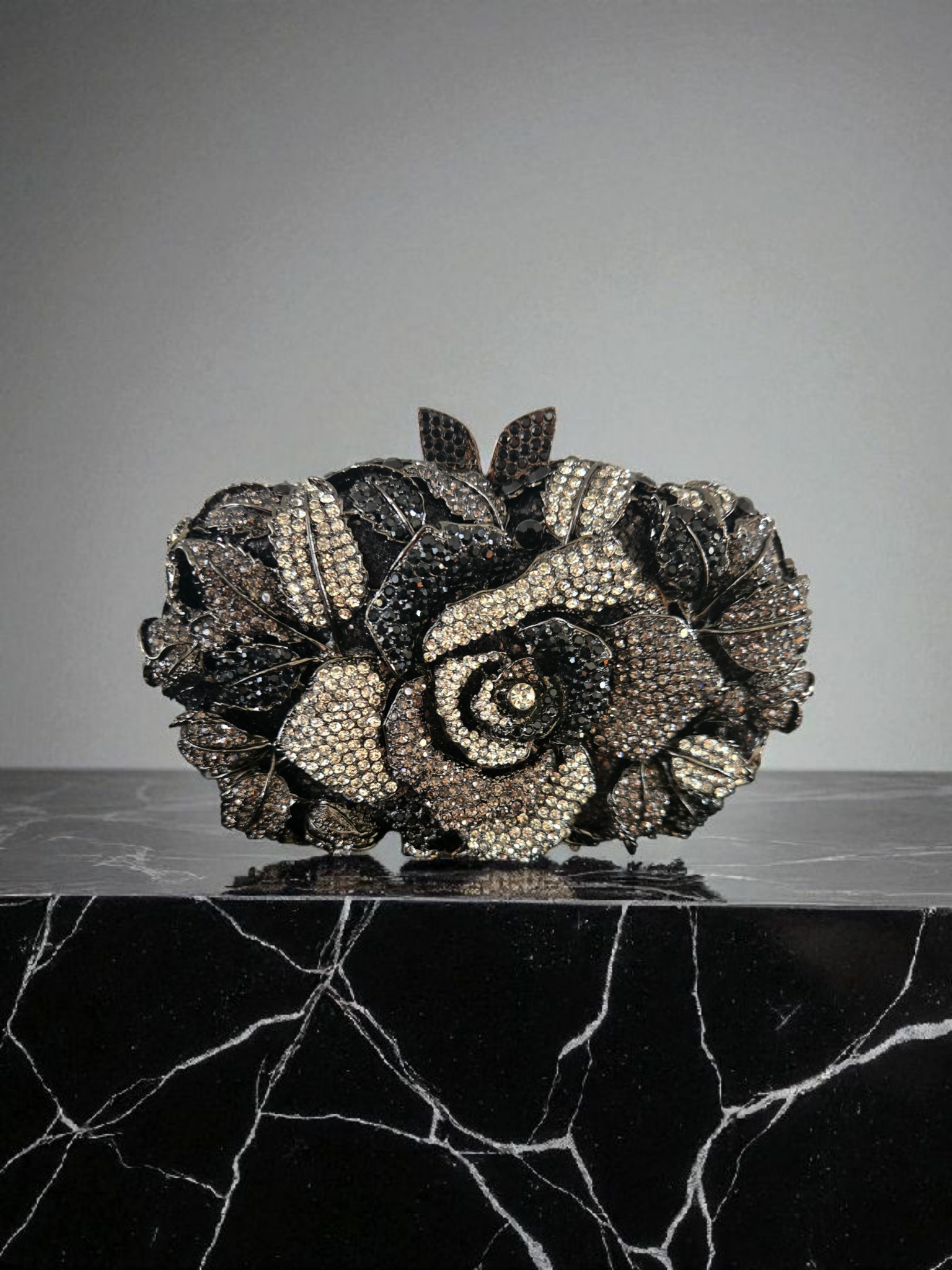 Crystal Rose Evening Clutch – Luxury Floral Rhinestone Bag Black