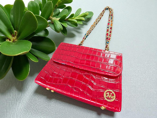 GVW Croc-Embossed Chain Shoulder Bag with Ankara Lining – Luxury Crossbody (Blue, Red, Green, Black)