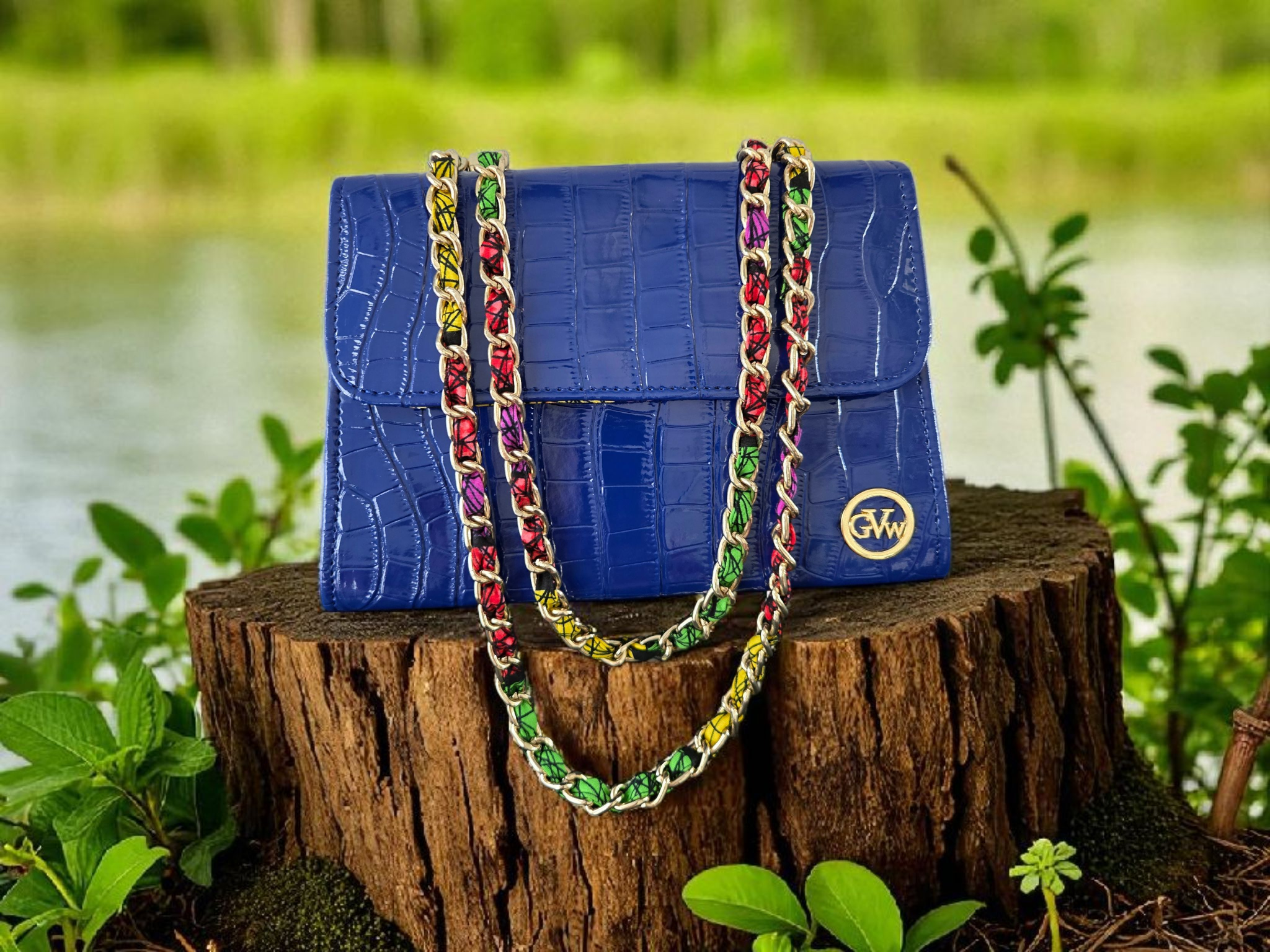 GVW Croc-Embossed Chain Shoulder Bag with Ankara Lining – Luxury Crossbody Blue