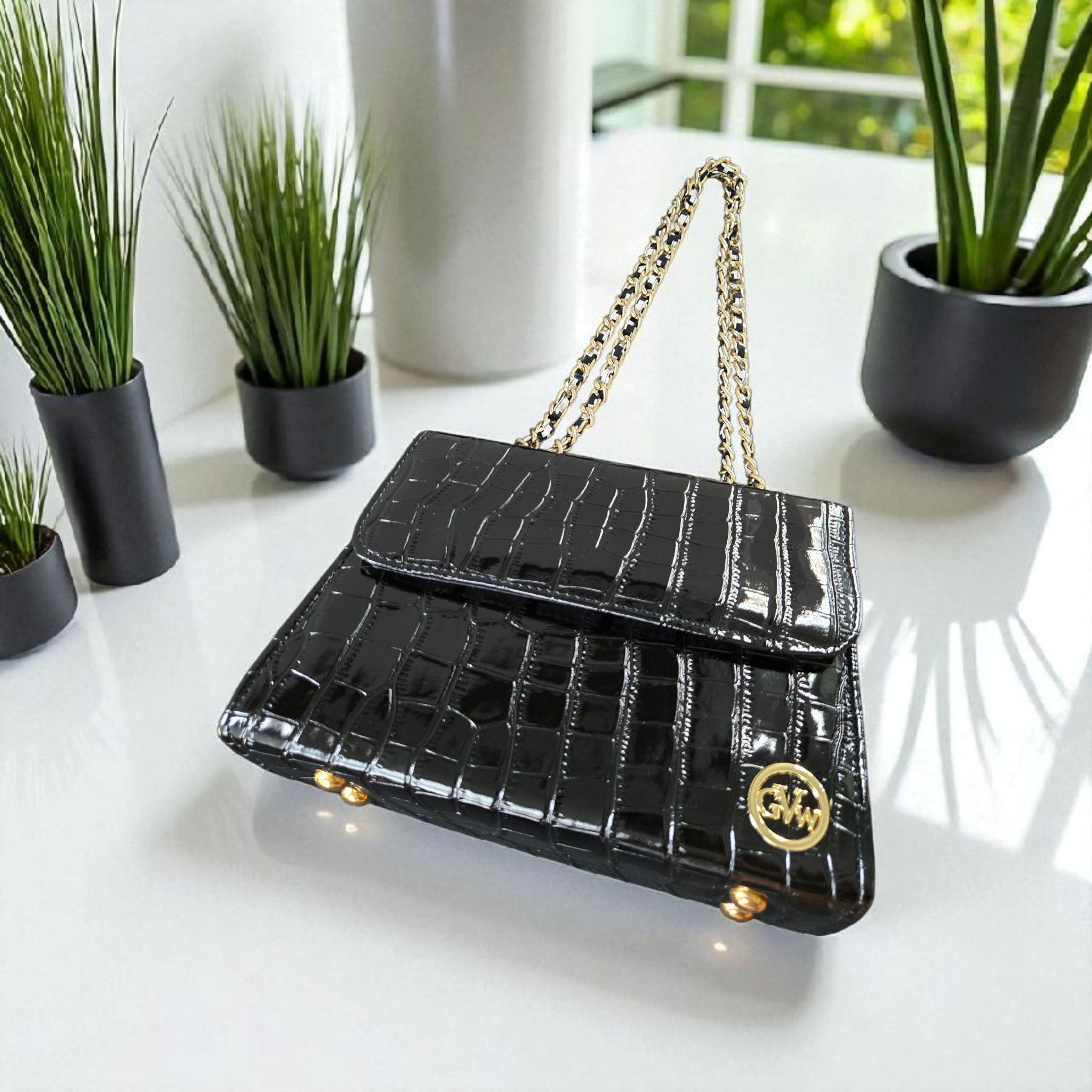 GVW Croc-Embossed Chain Shoulder Bag with Ankara Lining – Luxury Crossbody Black