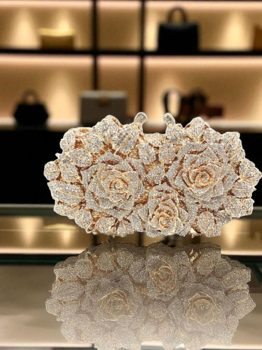Crystal Rose Garden Clutch – Luxury Floral Evening Bag (Red, Gold, Silver)