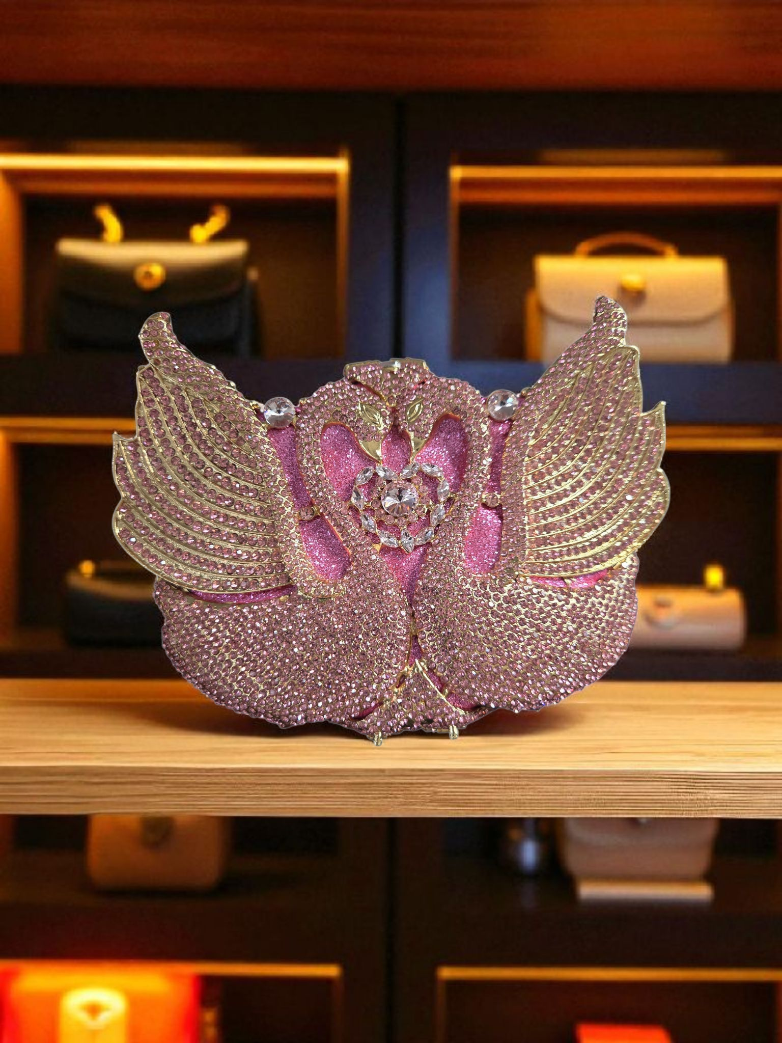 Swan Crystal Clutch – Luxury Evening Handbag (Pink, Black, Gold, Silver)
