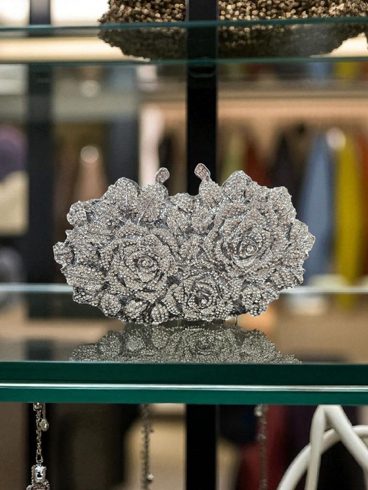 Crystal Rose Garden Clutch – Luxury Floral Evening Bag (Red, Gold, Silver)