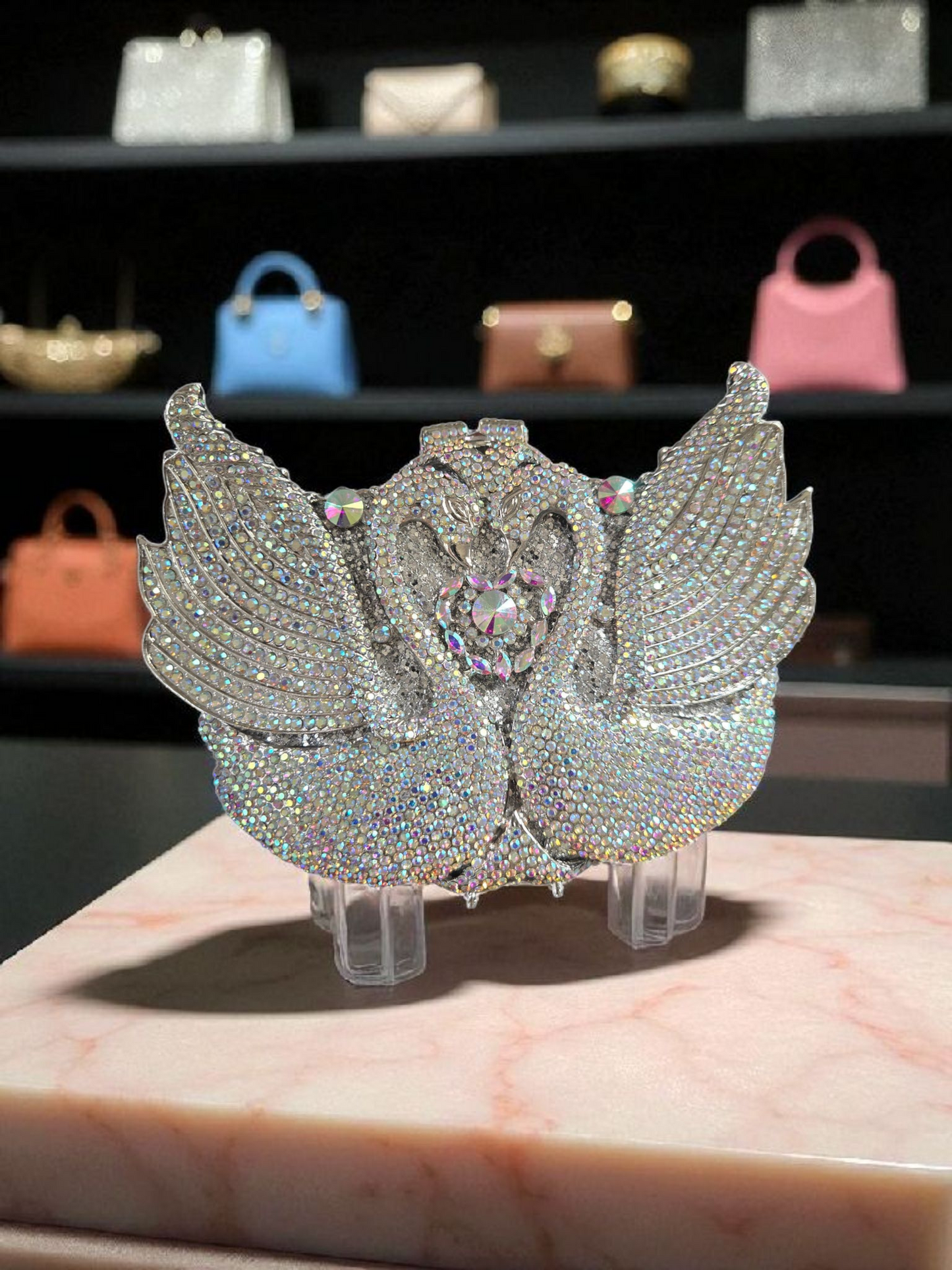 Swan Crystal Clutch – Luxury Evening Handbag (Silver, Pink, Black, Gold)