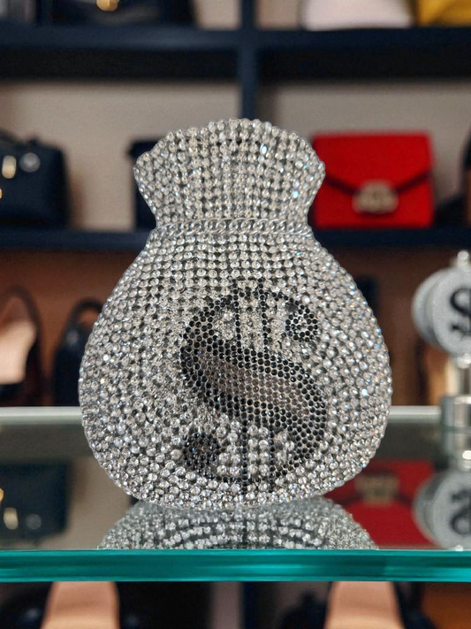 Crystal Money Bag Clutch – Luxury Statement Purse (Silver & Gold)