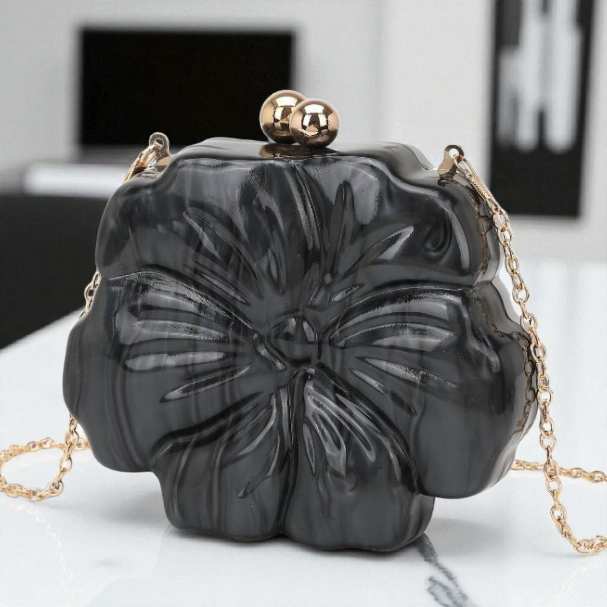Black Flower Clutch – Sculpted Acrylic Evening Bag with Gold Kiss-Lock
